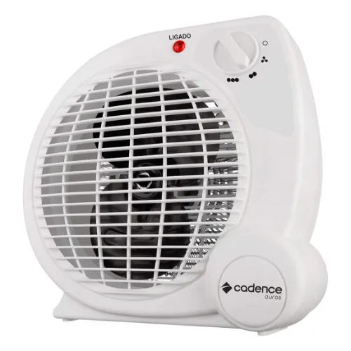 Termoventilador pequeno, branco, com um botão no formato horizontal