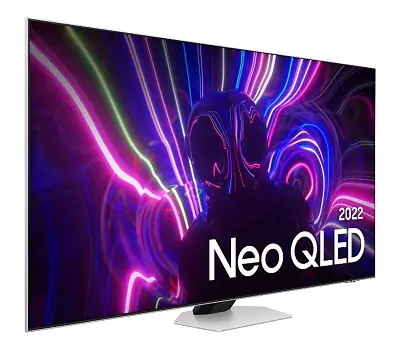 TV 4K Samsung Neo QLED QN85B com bordas finas e prateadas, base de apoio única ao centro