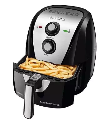 Fritadeira Air Fryer com base retangular bem larga, com painel de inox, laterais em plástico preto e dois botões