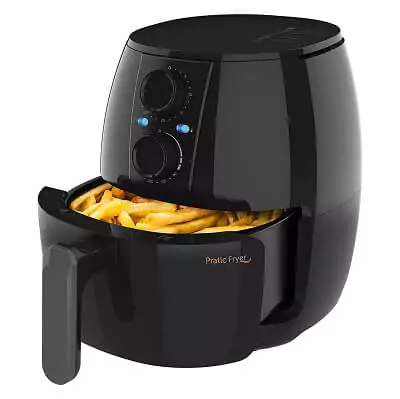 Fritadeira Air Fryer em formato redondo, com base pequena, toda na cor preta e duas lâmpadas em azul