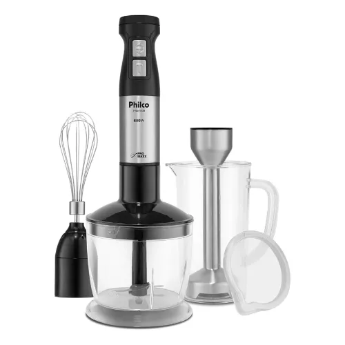 Mixer com corpo preto e prata, braço de inox, fuet, processador e copo