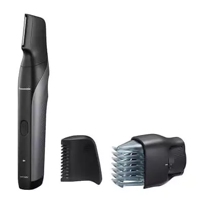 Aparador de pelos Panasonic V-Razor preto e cinza com lâmina fina e comprida, com dois acessórios ao lado.