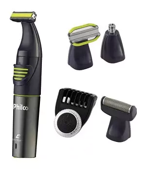 Aparador de pelos Philco Easyblade Plus preto alongado, com lâmina verde e quatro acessórios ao lado.