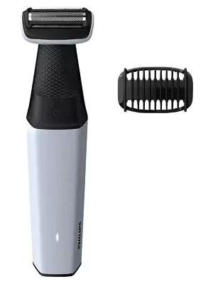 Aparador de pelos Philips BG3005 alongado, branco e preto com uma lâmina prateada e um pente extra.