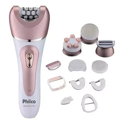 Depilador feminino Philco PDP02 alongado, com corpo branco com detalhes em rosa e cabeçote largo e rosa. Acessórios ao lado.