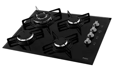 Cooktop 4 bocas Philco Chef 4 TC com mesa de vidro preto bem escuro, tripla chama e manípulos cinzas na lateral direita.