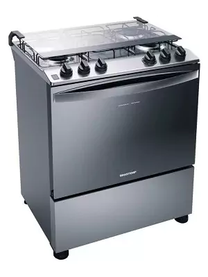 Fogão 5 bocas Brastemp BFS5N com mesa de inox com 6 botões, com duas trempes duplas e parte frontal inferior em inox