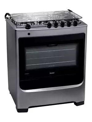 Fogão 5 bocas Consul CFS5N com mesa de inox, duas trempes duplas, frente única de inox e vidro preto do forno.