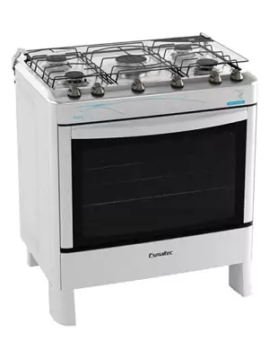 Fogão 5 Bocas Esmaltec Ágata 5062 com mesa de inox, duas trempes duplas de arame, vidro do forno preto, e pés altos