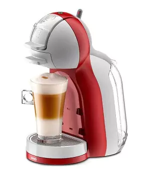 Cafeteira de cápsula Dolce Gusto Mini Me, frente vermelha e traseira branca, com alavanca de temperatura superior.