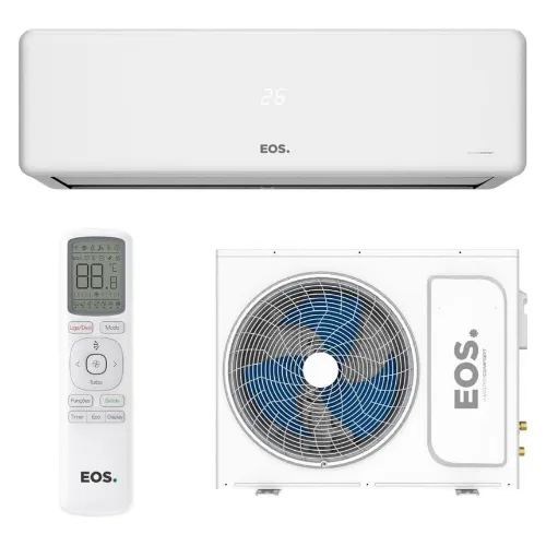 Condicionador de Ar 12.000 BTU pequeno e branco, com condensadora pequena com ventoinha grande