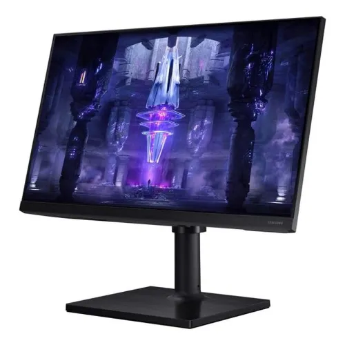 Monitor gamer com bordas pretas e base quadrada inteiriça