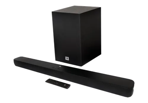 Soundbar grande e achatada, com saída frontal e caixa de subwoofer alta