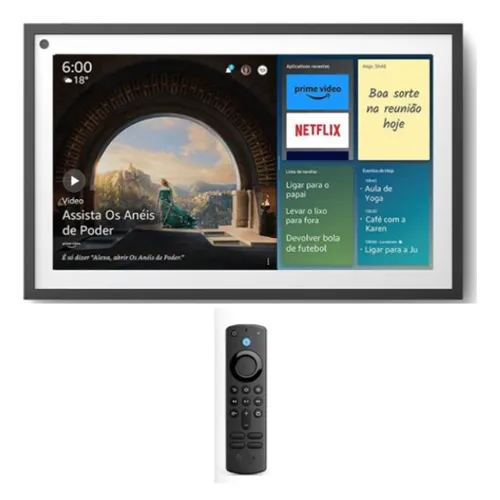 Alexa em formato de monitor grande, com bordas brancas e controle remoto