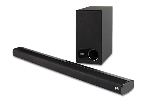 Soundbar comprida e larga, com saída de som ampla e caixa de woofer bem alta e estreita