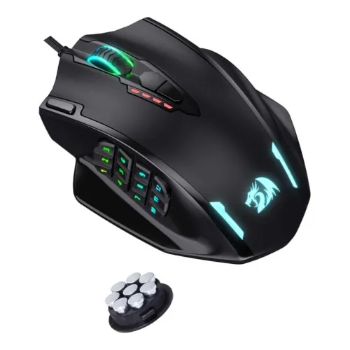 Mouse com recortes e vários botões laterais com linhas RGB posteriores